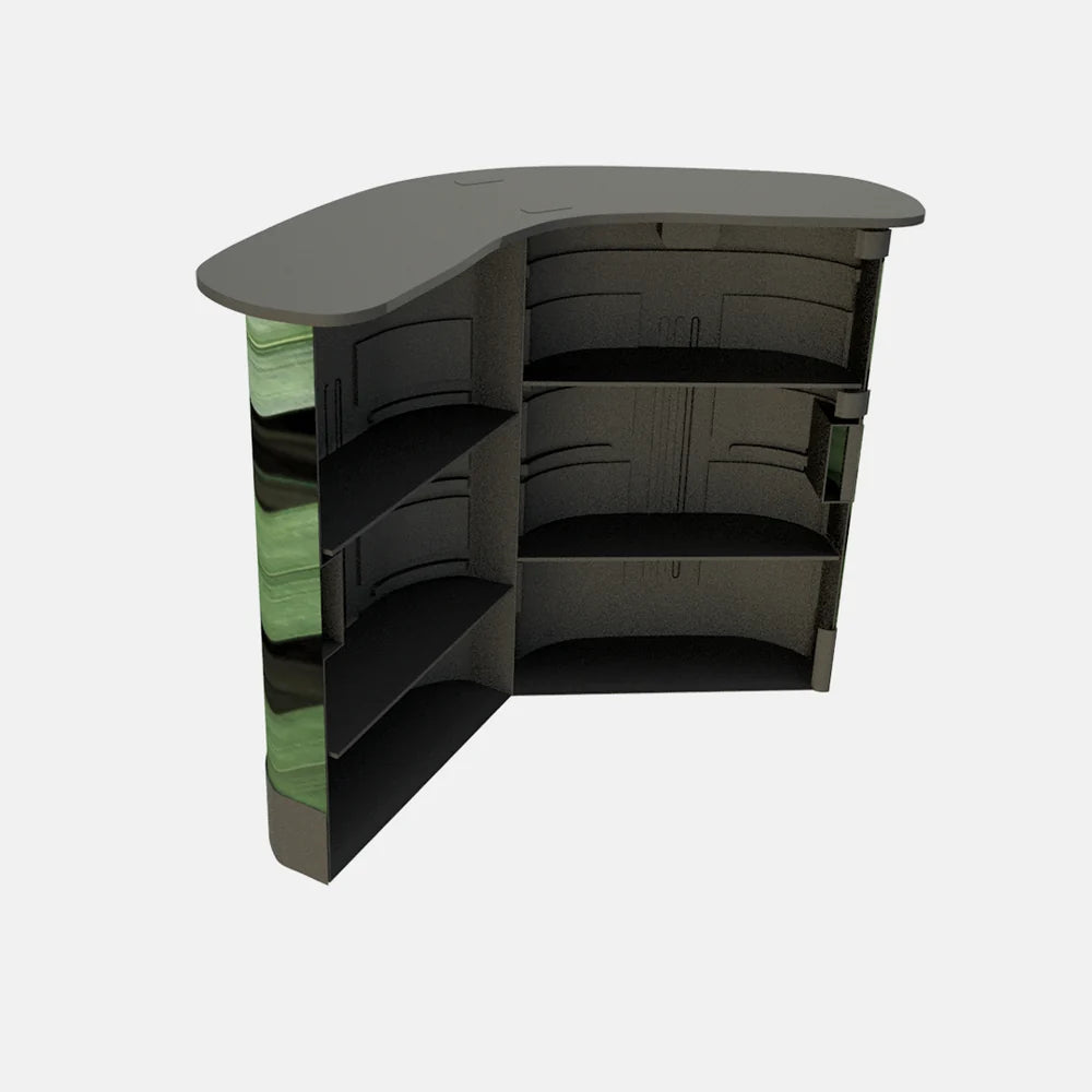 Rear of the exhibition counter showing the internal shelves