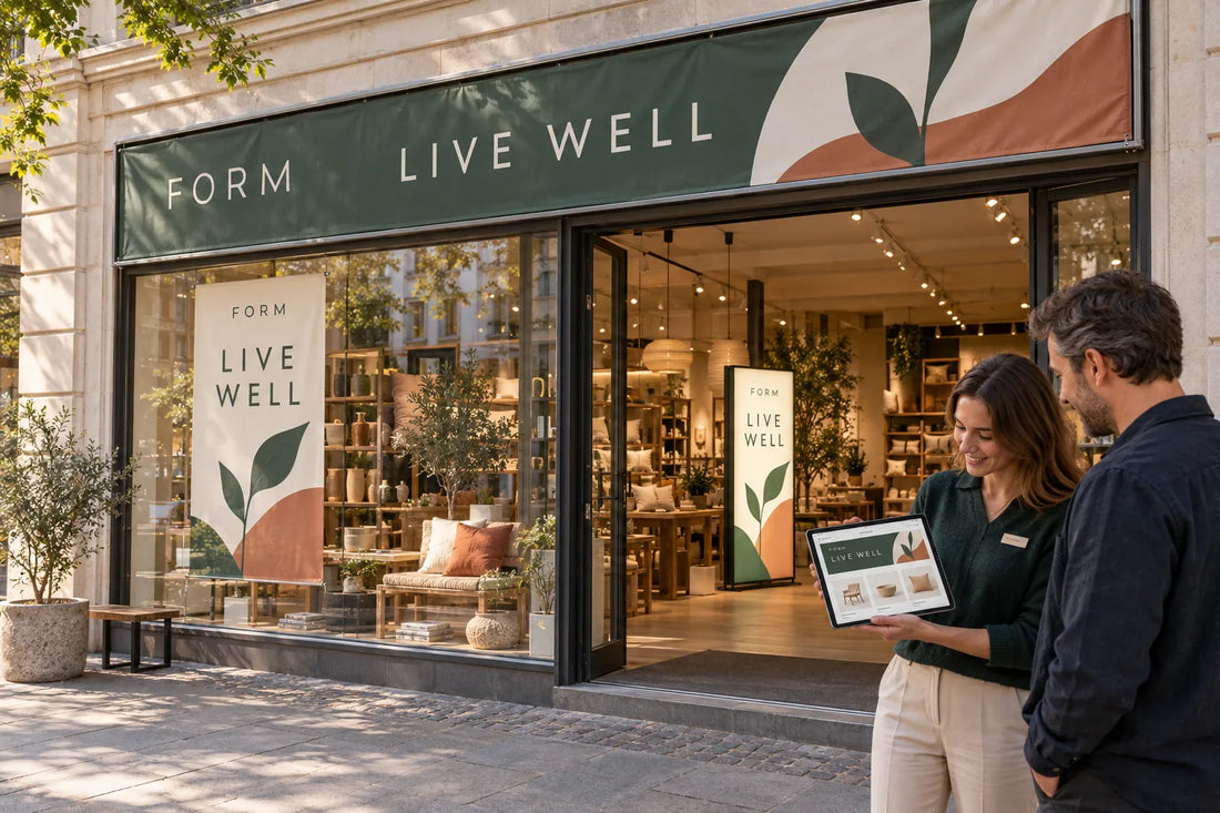 Illustration d’une vitrine avec bâches de façade et de vitrine coordonnées, un caisson lumineux en magasin et un membre de l’équipe montrant la même campagne en ligne sur une tablette.