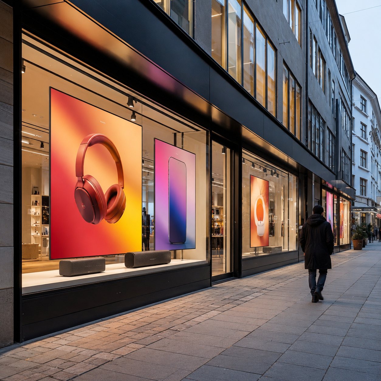Vitrine de magasin avec de grands visuels imprimés de campagne